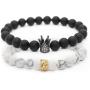 POSHFEEL 8mm Natural Stone CZ Micro Pave Crown King Queen Beads His and Hers Couple Bracelet, 7.5''