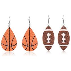 Teardrop Leather Earrings Dangle Drop Football Basketball Waterdrop Hook Earrings Lightweight Ear for Women Ball Sports Lover Girls Jewelry 2Pcs Set