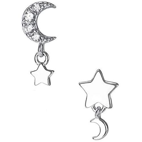 CZ Small Moon and Star Charm Dangle Earrings for Women Teen Girls 925 Sterling Silver Hypoallergenic Tiny Glitter Crystal Asymmetrical Drop Dangling Cute Holiday Jewelry