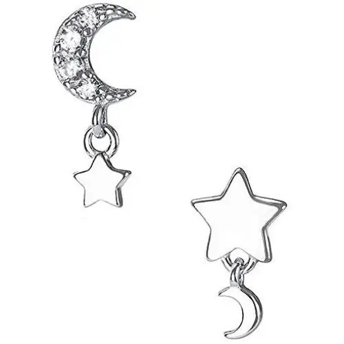 CZ Small Moon and Star Charm Dangle Earrings for Women Teen Girls 925 Sterling Silver Hypoallergenic Tiny Glitter Crystal Asymmetrical Drop Dangling Cute Holiday Jewelry