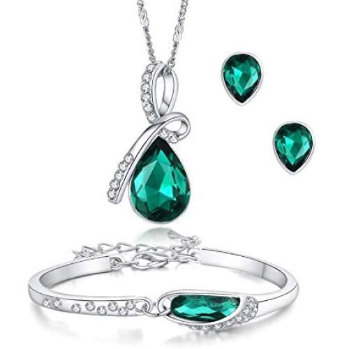 ISAACSONG.DESIGN Women’s Silver Plated Rhinestone Teardrop Necklace, Earring, Bracelet Bridal Jewelry Set for Wedding