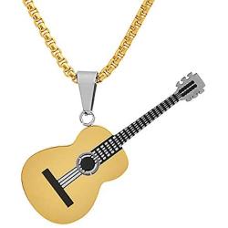 Magna Steel Mens Stainless Steel Acoustic Guitar Music Charm Pendant Necklace with 24'' Rolo Chain