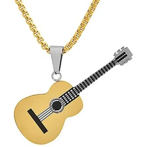 Magna Steel Mens Stainless Steel Acoustic Guitar Music Charm Pendant Necklace with 24'' Rolo Chain Magna Steel Mens Stainless Steel Acoustic Guitar Music Charm Pendant Necklace with 24'' Rolo Chain