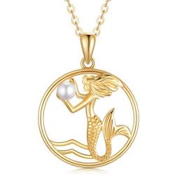 SISGEM Solid 14K Gold Mermaid Pendant Necklace Fairytale Mermaid Pearl Necklace for Women Girls Dainty Jewelry Gifts for Her, 16-18