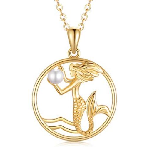 SISGEM Solid 14K Gold Mermaid Pendant Necklace Fairytale Mermaid Pearl Necklace for Women Girls Dainty Jewelry Gifts for Her, 16-18