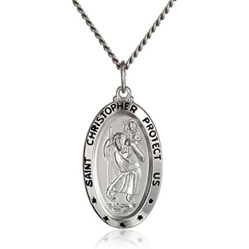 Sterling Silver Oval Saint Christopher Medal Necklace with Rhodium Plated Stainless Steel Chain, 20''