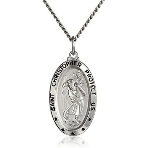 Sterling Silver Oval Saint Christopher Medal Necklace with Rhodium Plated Stainless Steel Chain, 20'' Sterling Silver Oval Saint Christopher Medal Necklace with Rhodium Plated Stainless Steel Chain, 20''