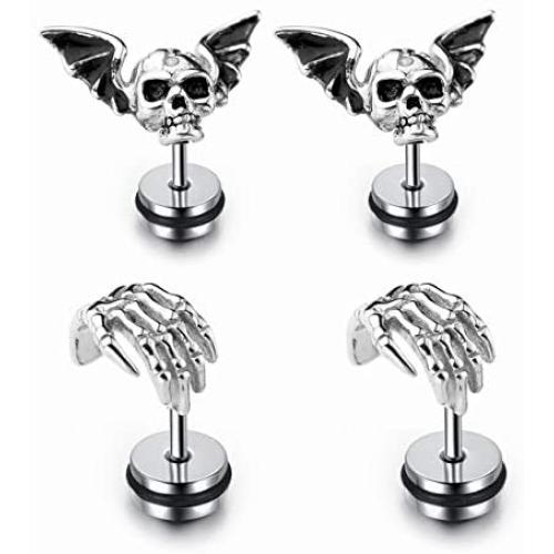 4PCS Skull Ghost Head Skeleton Claw Bat Earring Flat Back Screw On Cool Ear Lobe Studs Cartilage Helix Piercing Set Women Men 16G Post