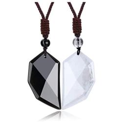 Jovivi 2pcs Healing Gemstone Matching Heart Couples Necklace for Him/Her White Turquoise Black Obsidian Crystal Stone Pendant Necklace Adjustable Rope for Men Women Valentines Gifts