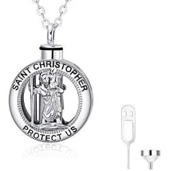 LUHE Saint Christopher Protect Us Necklace,Urn Necklace for Ashes,925 Sterling Silver Religious Engraved Medallion Pendant Necklace Jewelry