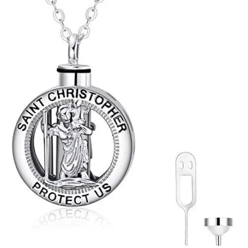 LUHE Saint Christopher Protect Us Necklace,Urn Necklace for Ashes,925 Sterling Silver Religious Engraved Medallion Pendant Necklace Jewelry