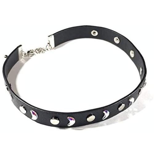 Skye Jewelry Black Leather Gothic Moon & Flat Stud Choker Necklace w/Adjustable Toggle Clasp Fits 13''-16''