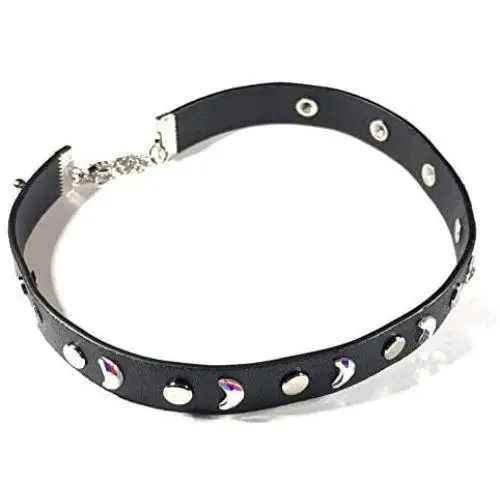 Skye Jewelry Black Leather Gothic Moon & Flat Stud Choker Necklace w/Adjustable Toggle Clasp Fits 13''-16''