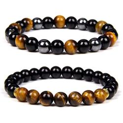 Vinswet 2PCS 8mm Black Obsidian Tiger Eye Beaded Couples Bracelets, Elastic Natural Stone Chakra Men Bracelet Matching Distance Bracelets for Men Women 7.5''