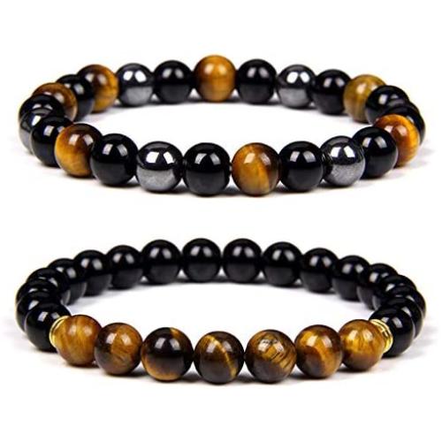 Vinswet 2PCS 8mm Black Obsidian Tiger Eye Beaded Couples Bracelets, Elastic Natural Stone Chakra Men Bracelet Matching Distance Bracelets for Men Women 7.5''
