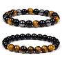 Vinswet 2PCS 8mm Black Obsidian Tiger Eye Beaded Couples Bracelets, Elastic Natural Stone Chakra Men Bracelet Matching Distance Bracelets for Men Women 7.5''