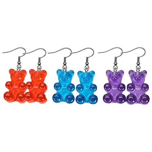 3 Pairs Gummy Bear Earring Colorful Resin Candy Cartoon Twinkling Bear Necklace Bracelet Set Multicolor Crazy Aesthetic Pendant Jewelry for Girls Women