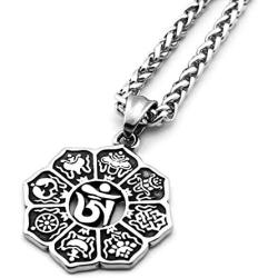 Warvik Indian Mandala Sacred Lotus Medallion Necklace Silver Gold Color, Stainless Steel Jewelry Men Women Wheat Chain 20/28 Inch