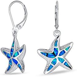 Blue Created Opal Inlay Nautical Ocean Marine Life Starfish Drop Leverback Earrings For Women 925 Sterling Silver