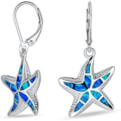 Blue Created Opal Inlay Nautical Ocean Marine Life Starfish Drop Leverback Earrings For Women 925 Sterling Silver