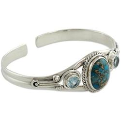 NOVICA 925 Sterling Silver Cuff Bracelet with Reconstituted Turquoise and Blue Topaz Azure Heavens