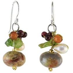 NOVICA Multi-Gem Jasper Cultured Freshwater Pearl .925 Silver Cluster Earrings Exotic Cluster