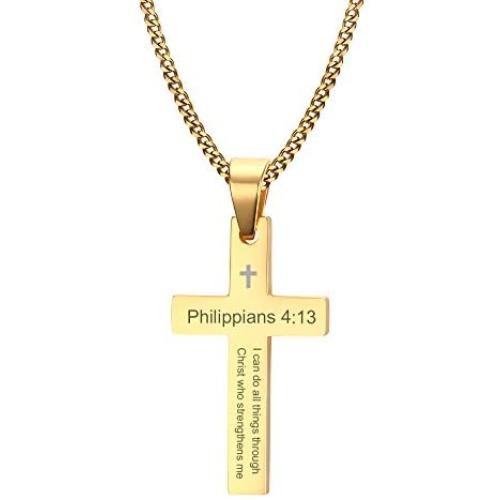 Mealguet Jewelry Stainless Steel Philippians 4:13 Christian Bible Verse Engraved Cross Pendant Necklace for Men,20''