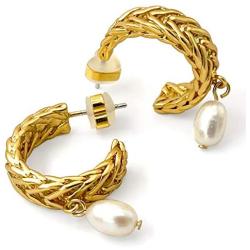 Vogale Pearl Earrings for Women, 925 Silver 18k Gold Plated Braided Dangle Pearl Stud Earrings, Noble Handmade Exquisite Open Hoop Earrings, Gold Small Hoop Hypoallergenic Rounded Earrings