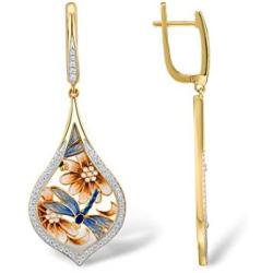 Santuzza Dragonfly Dangle Earrings 14k Yellow Gold Plating 925 Sterling Silver White Cubic Zirconia Enamel Flower Drop Earring Jewelry For Women