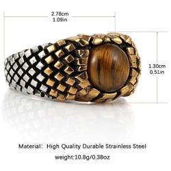 HZMAN Mens Stainless Steel Classic Brown Tiger Eye Stone Volcano Rock Silver Ring