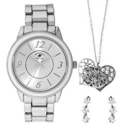 Beverley Hills Polo Club Womens Quartz Silver Watch Set - Intricate Heart Necklace - Crystal Star Earrings Included