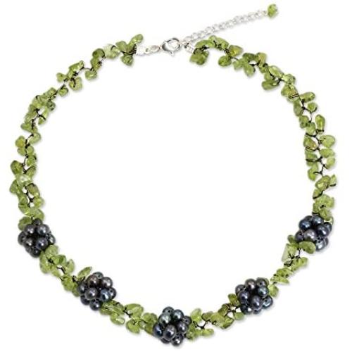 NOVICA Peridot Dyed Cultured Freshwater Pearl Sterling Silver Beaded Necklace, 16.25'', Heavens Gift