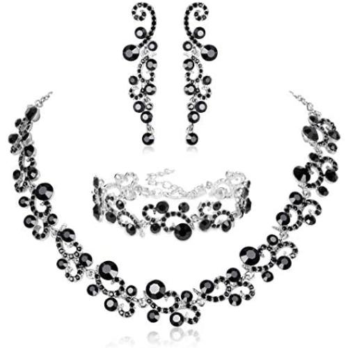 JOERICA Rhinestone Necklace and Earrings Set for Women Wave Flower Fashion Costume Jewelry