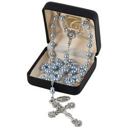 Holly Lines Swarovski Pearl Heritage Collection Catholic Rosary Case and Pouch, Creed 6 mm Beaded Rosary in Hard-Side Black Case with Ave Maria Zippered Pouch and Rosary Mysteries Card