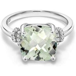 Gem Stone King Sterling Silver Green Prasiolite Womens Ring (3.62 cttw Cushion Checkerboard Cut, Available in size 5, 6, 7, 8, 9)