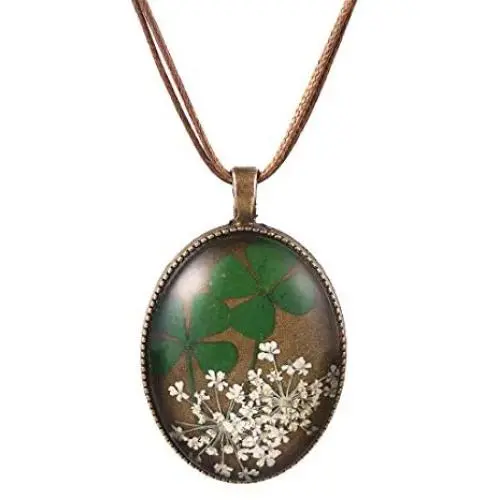 FM FM42 Double Real Four Leaf Clover & White Queen Annes Lace Dried Flowers Oval Pendant Necklace FN4077 FM FM42 Double Real Four Leaf Clover & White Queen Annes Lace Dried Flowers Oval Pendant Necklace FN4077