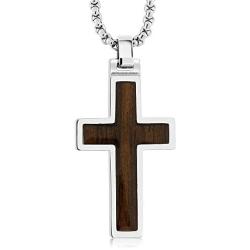 WOOD INLAY (DARK WALNUT) TUNGSTEN CARBIDE CROSS PENDANT ON 3MM STAINLESS STEEL BOX CHAIN NECKLACE