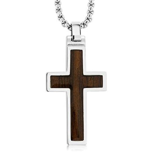 WOOD INLAY (DARK WALNUT) TUNGSTEN CARBIDE CROSS PENDANT ON 3MM STAINLESS STEEL BOX CHAIN NECKLACE
