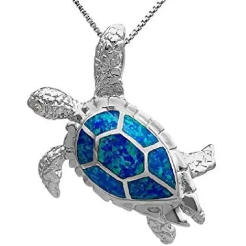 Sterling Silver Created Blue Opal 3D Turtle Necklace Pendant with 18'' Box Chain Sterling Silver Created Blue Opal 3D Turtle Necklace Pendant with 18'' Box Chain