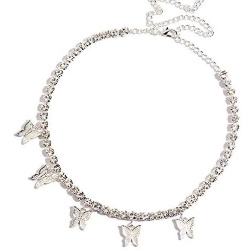 FONJOSN Hip Hop Rhinestone Butterfly Pendant Necklace Women Charm Choker Necklaces