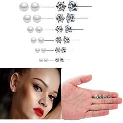 SUNSCSC Womens Stainless Steel Round Clear Cubic Zirconia Pearl Stud Earrings for Girls Gift 12 Pairs