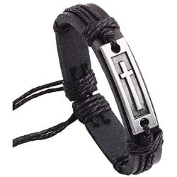 Fusamk Fashion Religious Cross Tag Bangle Leather Wristband Rope Link Bracelet