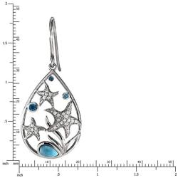 Sterling Silver Natural Larimar ''Hawaiian Stars'' Starfish Raindrop Pave Dangle Earrings