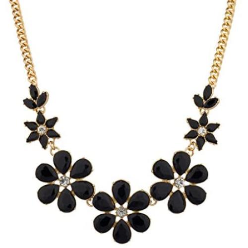 LUX ACCESSORIES Black Crystal Floral Flower Statement Necklace