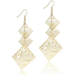 KaFu Lightweight Bohemia 14K Gold Chandelier Filigree Geometric Rhombus Earrings Hollow Cutout Drop Dangle Long Earrings for Women and Girls