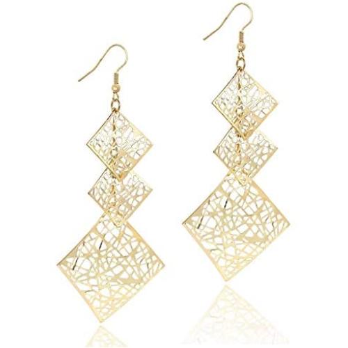 KaFu Lightweight Bohemia 14K Gold Chandelier Filigree Geometric Rhombus Earrings Hollow Cutout Drop Dangle Long Earrings for Women and Girls