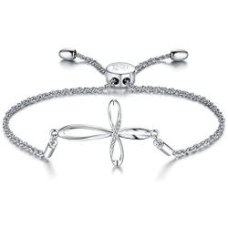 NINAMAID Sideways Cross Infinity Charm Expandable Bolo Bracelet with Cubic Zirconia Adjustable White Gold Plated Jewelry For Women Girls