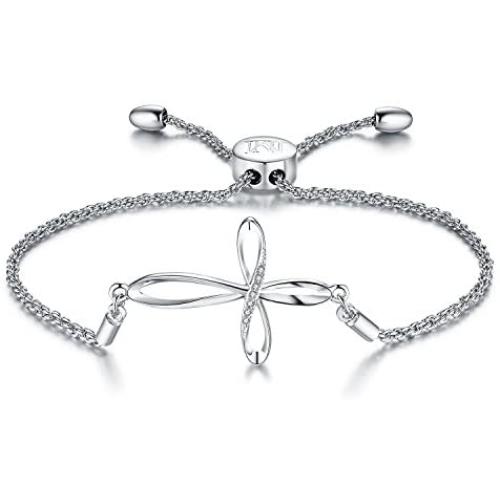 NINAMAID Sideways Cross Infinity Charm Expandable Bolo Bracelet with Cubic Zirconia Adjustable White Gold Plated Jewelry For Women Girls