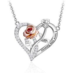 Distance Rose Heart Necklace for Women 925 Sterling Sliver Two-Tone Rose Flower Jewelry for Girlfriend Wife Mom Daughter