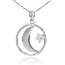 Middle Eastern Jewelry Fine 925 Sterling Silver CZ-Accented Islamic Charm Crescent Moon and Star Pendant Necklace